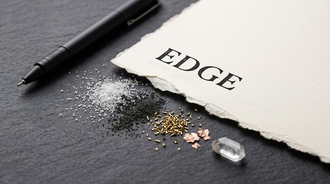 The word edge printed on torn paper with scattered salt and metallic particles on a dark textured background representing a conceptual business strategy