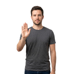 Fototapeta premium Man Showing “Stop” Hand Gesture Gently with Neutral Expression Isolated on White Background