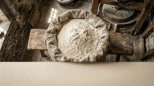 Rustic sack of flour against antique mill background
