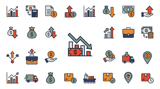 Vector Icons Business and finance icon set featuring financial charts money and logistics symbols. EPS Editable