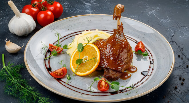Gourmet roasted duck leg confit served with creamy mashed potatoes and a vibrant orange slice presented on a decorative plate in this high quality culinary photograph for professional food menus.