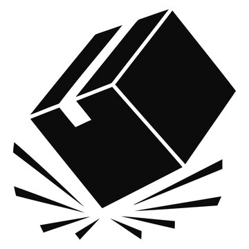 Black icon of a cardboard box falling and hitting the ground with impact lines