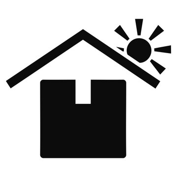 Black icon of a shipping box under a roof with a sun symbol for storage instructions