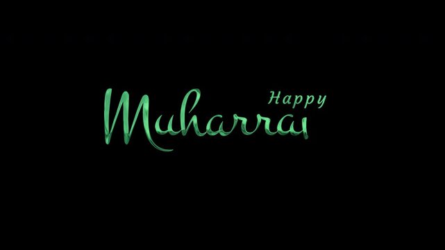 Ideal for social media posts, greeting cards, posters. Celebrate muharram with elegant green cursive script on a black background.