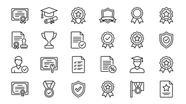 Vector Icons Certification and graduation line icons set representing quality assurance and academic achievement. EPS Editable