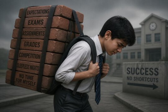 Student carrying heavy burden of bricks outside school