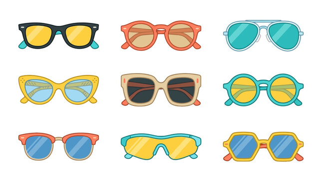 Vector Icons Collection of colorful sunglasses vector illustrations in various styles and shapes. EPS Editable