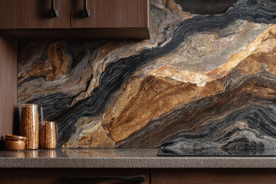 Luxurious kitchen backsplash features bold veining with gold, black, and brown tones.