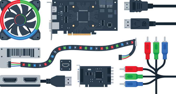 Computer Hardware Component Icon Set with Graphics Card Cooling Fan RGB LED Strips and Audio Video Connection Cables for Custom PC Builders Vector Illustrations