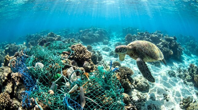 A majestic green sea turtle swims gracefully near a large pile of discarded fishing nets and plastic waste debris