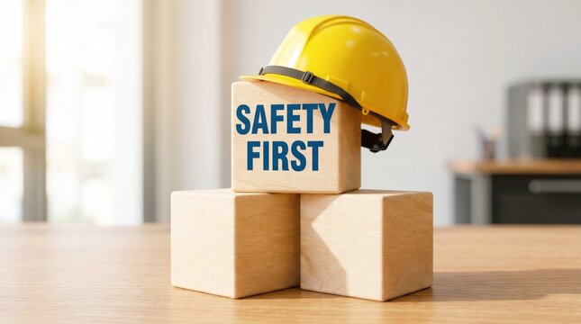 A bright yellow construction hard hat sits atop wooden blocks displaying the bold blue text reading safety first clearly