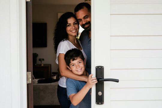Happy family welcomes guests at new home. Boy holds open door smiling warmly. Parents stand behind, also beaming. Bright interior visible suggests comfort, joy. Represents relocation success fresh