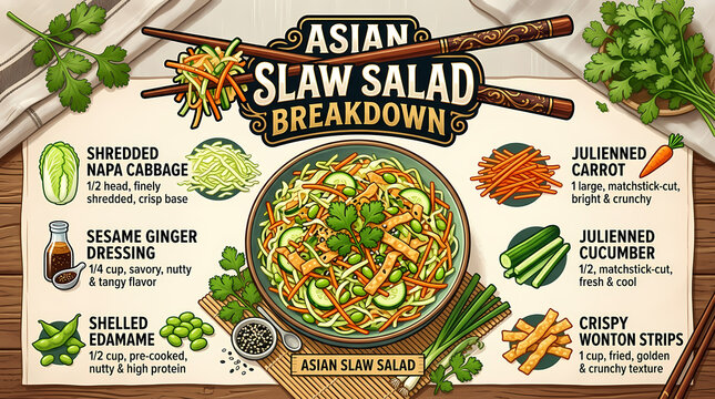 Asian slaw salad breakdown infographic detailing shredded napa cabbage, julienned carrot, edamame, sesame ginger dressing, and crispy wonton strips.