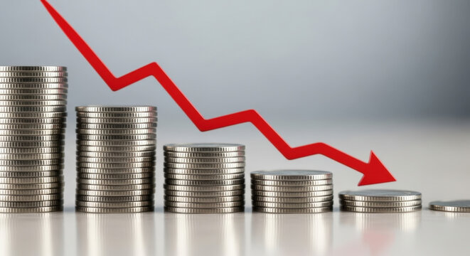 Stacks of silver coins shown in decreasing height order with red arrow pointing downward depicting financial loss economic decline market crash.