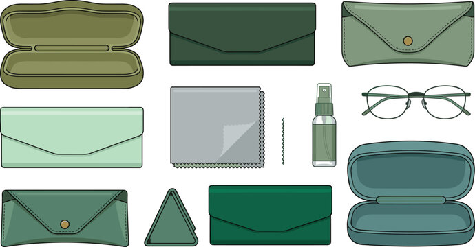 Eyeglasses Case and Cleaning Kit Vector Set Featuring Hard Shell Pouches, Microfiber Cloth, Spray Bottle, and Spectacles for Optical Shop Branding