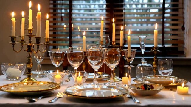 Elegant Dinner Table Setting With Candles.