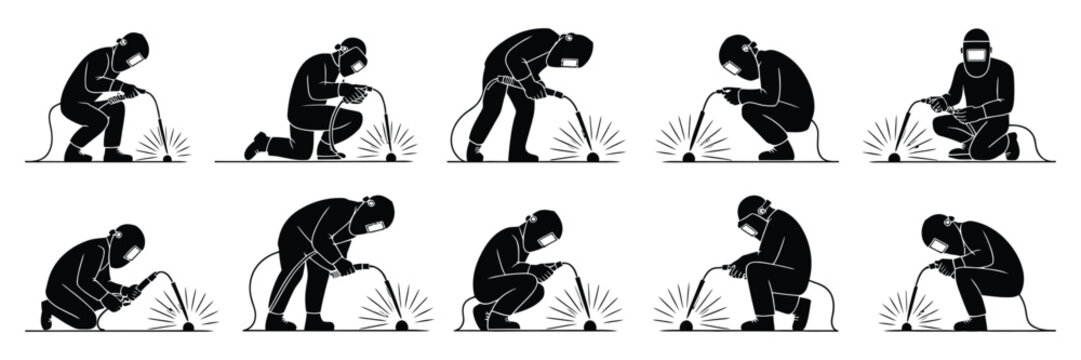 Welding Worker Silhouette Icon with Industrial Welder Poses for Manufacturing, Construction, and Metal Fabrication Design