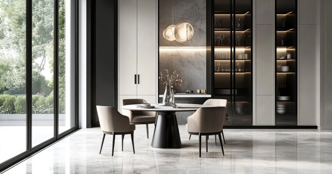 Elegant Modern Dining Area Featuring Sleek Design and Natural Light | Generative Ai