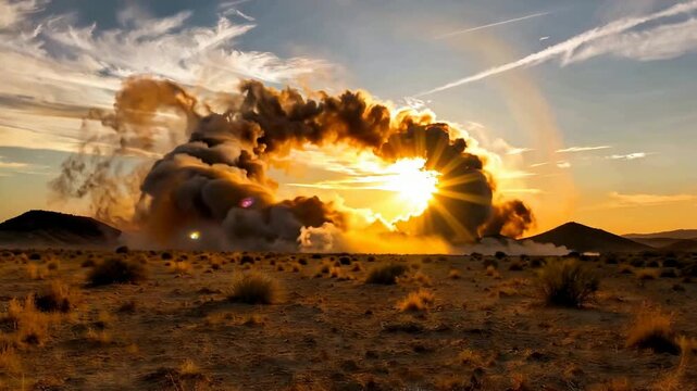 Explosion in desert landscape at sunset.
