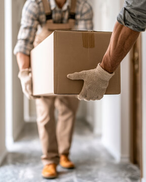 Delivery Worker Carrying Cardboard Box During Home Move
