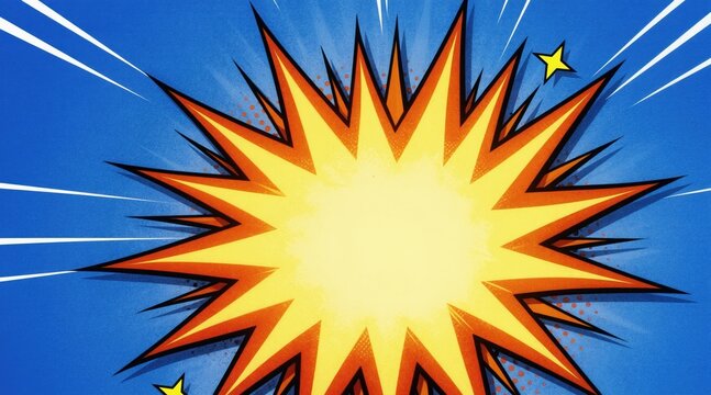 Abstract comic book style explosion background. Bright orange and yellow burst on blue with radial white lines and star elements. Copy space for text.