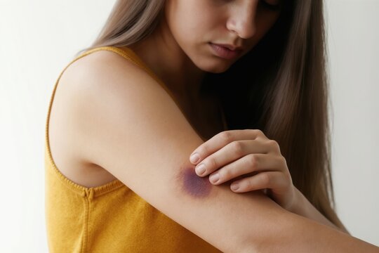 Woman touches arm with large dark purple bruise from injury or accident. Skin discoloration shows pain and discomfort from physical trauma. Worry and sadness apparent on face.