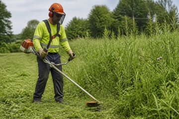 Fototapeta premium Landscape worker trimming tall grass with brush cutter outdoors