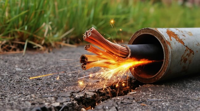 Exposed copper wires spark with bright orange light from damaged conduit pipe on cracked asphalt. Green grass visible in background. Danger, electrical hazard.