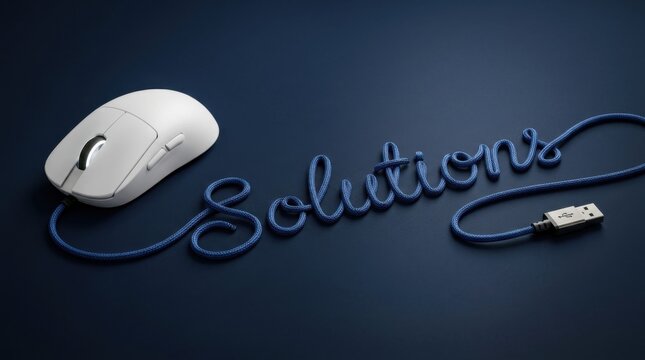 White computer mouse with blue braided cable spelling the word solutions on a dark blue background