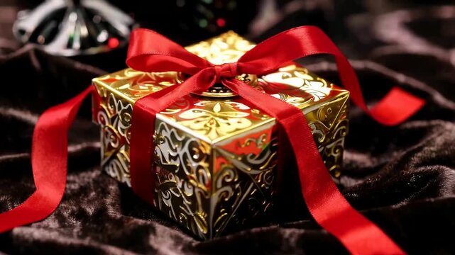 Gold gift box with red ribbon.
