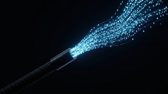 Black cable emitting glowing blue binary data stream