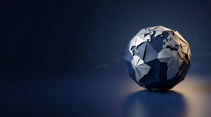 Sophisticated global logistics concept featuring a multi-faceted deep navy and silver paper origami globe over a dark indigo background