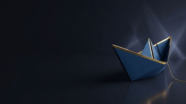 High-contrast corporate graphic of a deep blue origami boat with metallic gold edges navigating a dark void with volumetric light beams