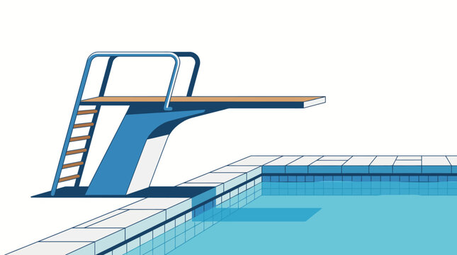 Modern Blue Swimming Pool Diving Board with Metal Ladder on White Background Vector Illustration