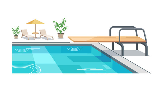 Minimalist Outdoor Swimming Pool with Wooden Diving Board and Poolside Chairs