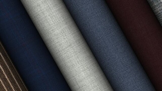 Premium woven textiles from Italy presented through rotating rolls highlighting craftsmanship refinement and upscale fashion materials