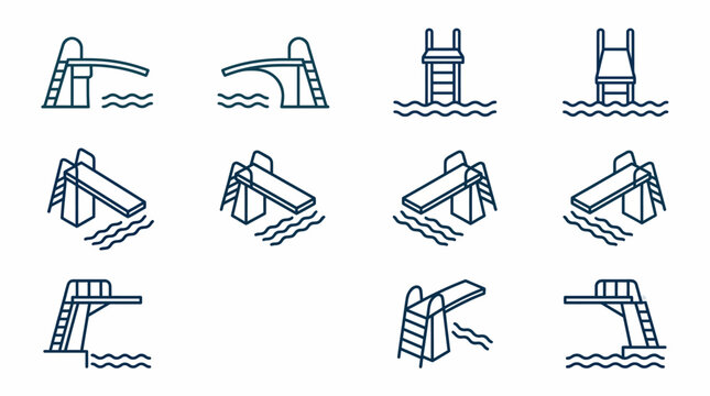 Minimalist Pool Diving Board Line Icons Set for Swimming Sports and Summer Vacation