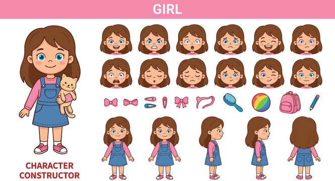Little girl character constructor kit vector with various facial expressions emotions full body poses and accessories