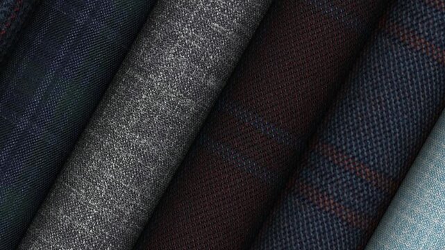 Elegant Italian fabric collections presented as rotating rolls revealing superior weave structure refined texture and exclusive appeal