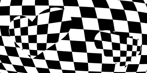 Obraz premium Black and white Warped Checkerboard pattern. Abstract Spherical Distortions, Optical Illusion Effects. Retrofuturistic Dynamic Y2K Geometric Background. Op art, racing, visual experimentation.
