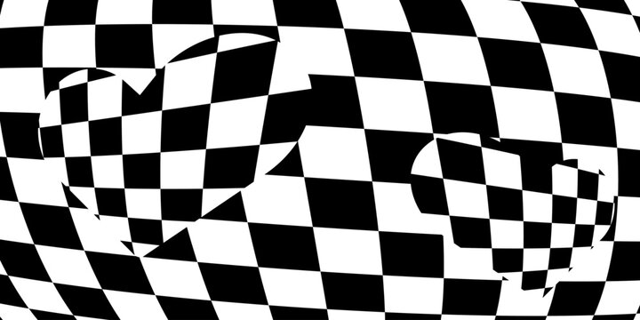 Black and white Warped Checkerboard pattern. Abstract Spherical Distortions, Optical Illusion Effects. Retrofuturistic Dynamic Y2K Geometric Background. Op art, racing, visual experimentation.