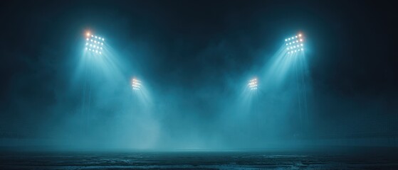 Projecteurs de stade dramatiques perçant la fumée et le brouillard sur un terrain de sport sombre et vide, arrière-plan à l'éclairage cinématique avec espace pour le texte © Olga Ко