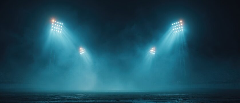 Projecteurs de stade dramatiques per&ccedil;ant la fum&eacute;e et le brouillard sur un terrain de sport sombre et vide, arri&egrave;re-plan &agrave; l'&eacute;clairage cin&eacute;matique avec espace pour le texte