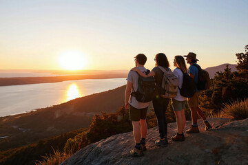 Fototapeta premium Four friends hike to mountain summit at sunset. They watch calm ocean below, share joy. Young adults enjoy nature, coastal view, friendship bonding, achievement.