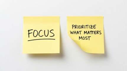Two yellow sticky notes with focus and prioritize what matters most written on them