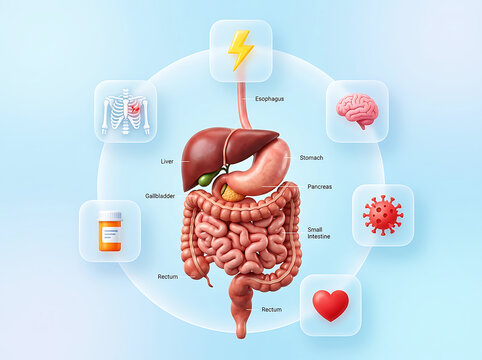Human digestive system anatomy with surrounding health icons organs