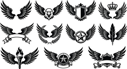 Fototapeta premium Winged Heraldic Emblem Vector Set with Eagle Shield Crown Star and Torch Icons