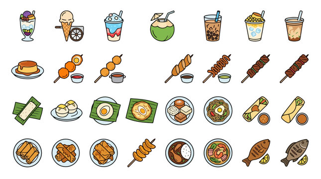 Vector Icons Filipino street food and popular local drinks vector illustration set. EPS Editable