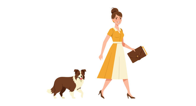 Elegant woman walking her border collie dog.