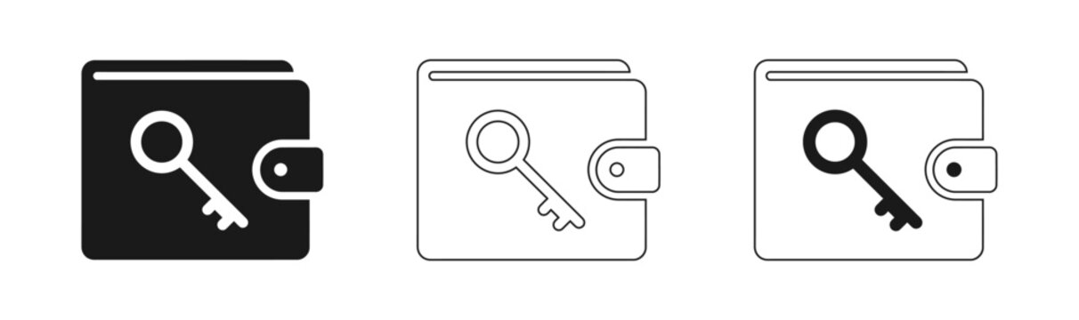 Security access icon set black outline and white versions depicting a folder key and magnifying glass